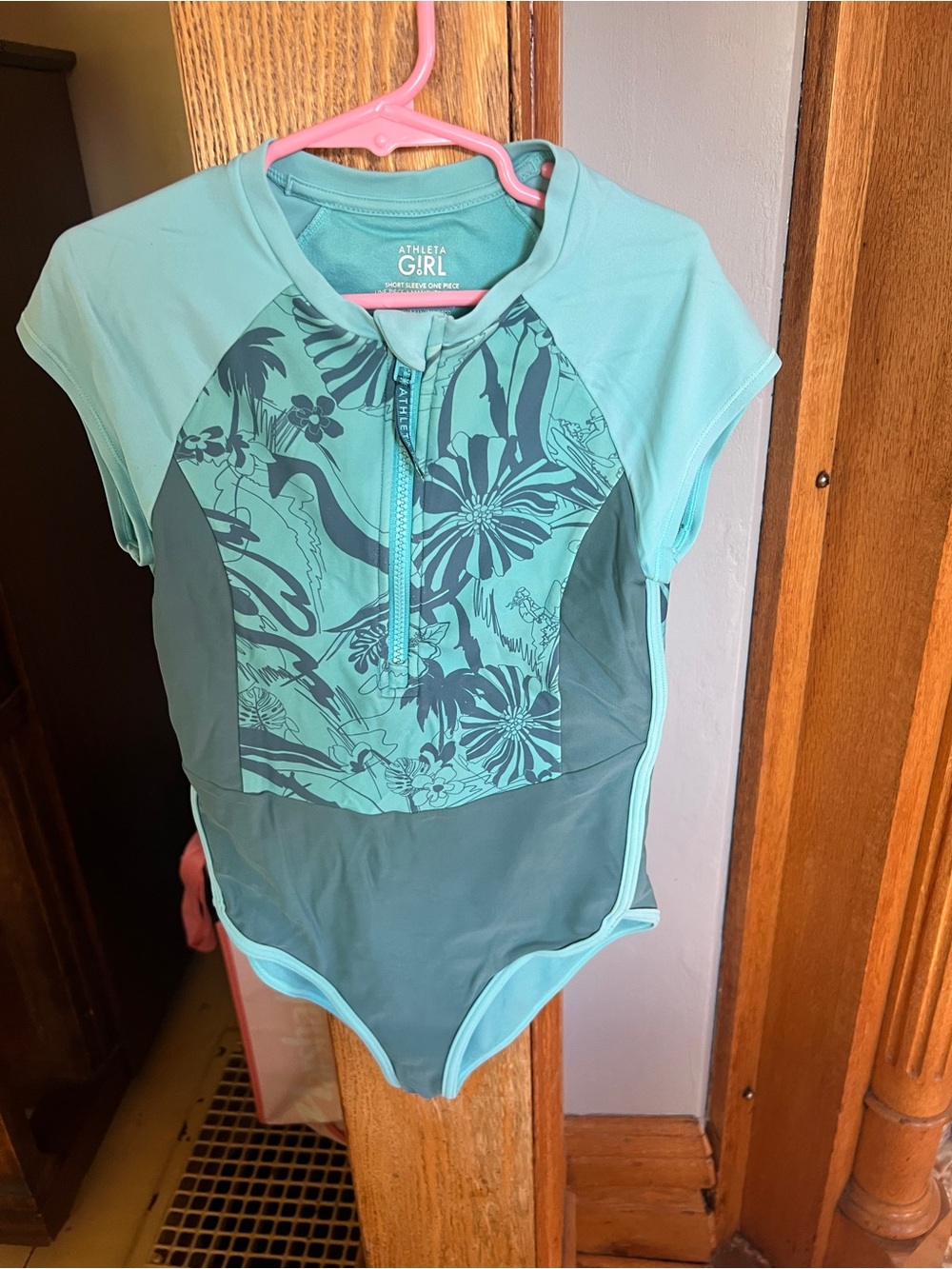 Athleta Girl Aqua Floral Zip-Front One-Piece Swim Suit